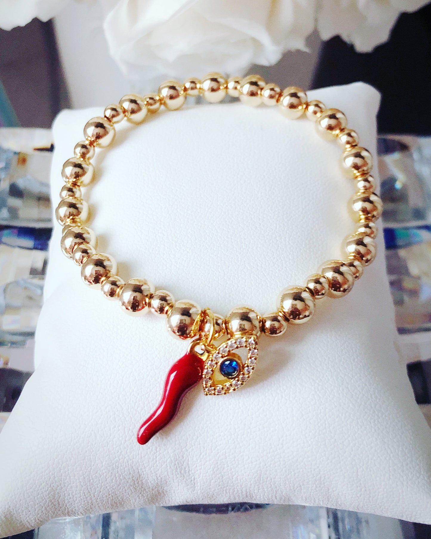 Gold Evil Eye and Italian Horn beaded bracelet